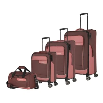 Image of Travelite Suitcase Set 4 Pieces Soft Shell Wheels, Spring Rose (Red), Trolley (L/M/S) + Reisetasche, Casual