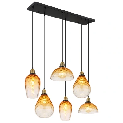 Image of Salvy Cluster Pendant Ceiling Light Matt Black Amber Glass Shade 6x E27