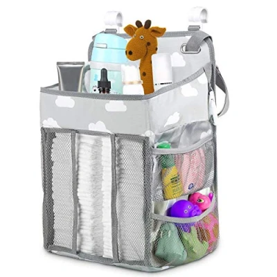 Image of Nursery Organisers，Crib Nappy Organiser Hanging Diaper Caddy Stacker Organizer Holder Beside Storage Bag for Toys Nappies Towels Clothes Grey