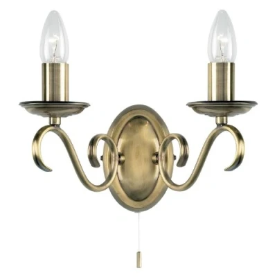 Image of Endon Lighting 2030 2AN Wall Light 2 Candle Tubes, Candelabra, Pull Switch Antique Brass