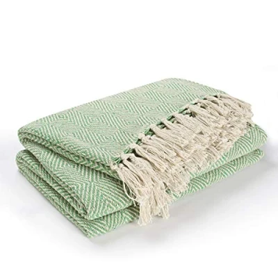 Image of EHC Luxury Reversible Super Soft Cotton Diamond Large Throw For Sofa, Double Bed, Armchair Green, 150 x 200 cm
