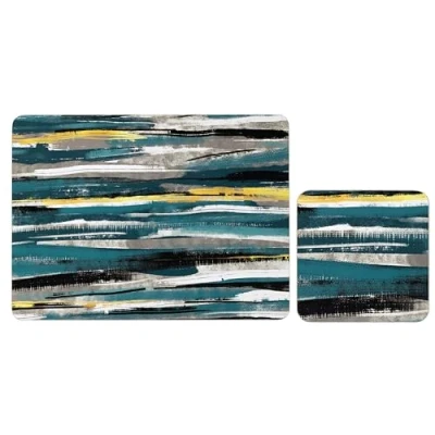 Image of Set of 4 (8pc) Abstract Placemat &amp; Coaster Set, Cork Backed Placemats, Kitchen Protector Mats for Decoration, Heat Resistant Coating Board Base Placemats