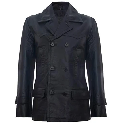 Image of Mens Black Cow Hide Leather Jacket Dr Who Naval German Pea Coat 2XL