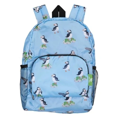 Image of ECO CHIC Lightweight Foldable Water Resistant Mini Backpack Folds Into Pouch for Storage (Multi Puffin Blue)