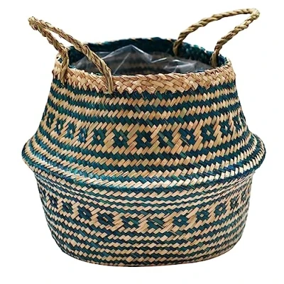 Image of Ivyline Tribal Lined Basket in Teal Premium Quality Handmade and Waterproof Seagrass with Handles for Houseplants H30cm x D35cm