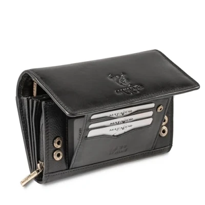 Image of MATADOR Prag Women&#039;s Large Leather Wallet with Elegant Gift Packaging Luxury RFID Purse Many Compartments Large, Black Nappa, Classic