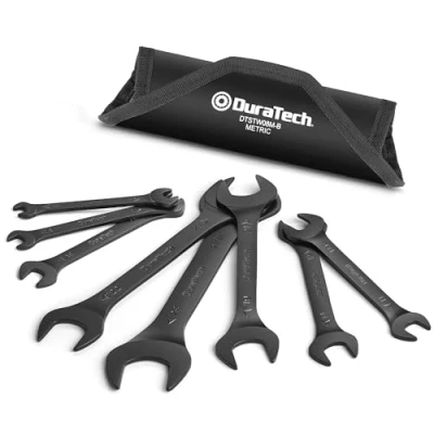 Image of DURATECH Double Open End Spanner Set, 8 Piece, Metric, 5.5 mm 27 mm, Super Thin Ended Flat Wrench Set for Narrow Space, Black Electrophoretic Coating, with Carry Pouch