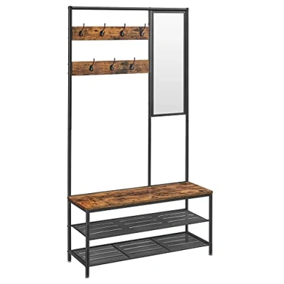 Image of VASAGLE Coat Rack with Shoe Storage, Stand for Hallway Mirror, Hooks, Bench, and Shelves, 35 x 98 180 cm, Bedroom Entryway, Industrial, Rustic Brown Ink Black HSR415B01