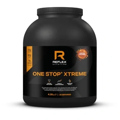 Image of Reflex Nutrition One Stop® Xtreme Serious Mass Gainer All in Protein Powder 55g Protein, 10.3g BCAAs, 5,000mg Creatine Muscle Building Shake (Salted Caramel, 4.35kg)