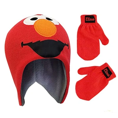 Image of Sesame Street Baby Boys&#039; Elmo Hat and Mittens Cold Weather Set Winter Accessory, Blue/Orange, Age 2 4
