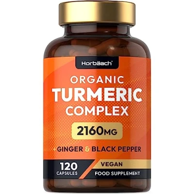 Image of Organic Turmeric and Black Pepper Capsules 2160mg High Strength Curcumin with Ginger 120 Vegan Horbaach