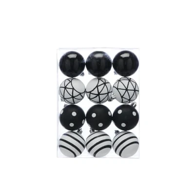 Image of Festive Productions Set of 12 x 6cm Shatterproof Baubles Black &amp; White Designs Luxury Christmas Tree Decorations, Hanging Decorations