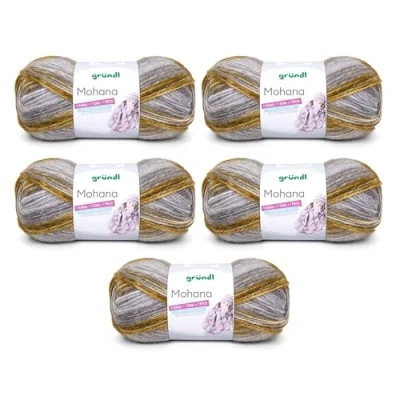 Image of Gründl Mohanna Knitting and Crochet Yarn 90% Polyacrylic, 10% Mohair, 5 x 100 g, Thick Wool, Light Grey/Quince Olive