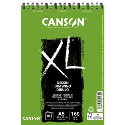 Image of CANSON XL Drawing 160gsm A5 Paper, Light Grain, Spiral Pad Short Side, 30 White Sheets, Ideal for Professional Artists &amp; Illustrators