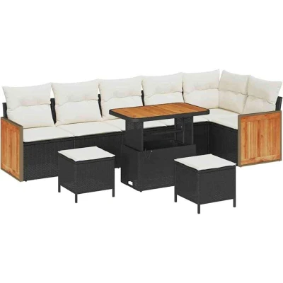 Image of vidaXL 9 Piece Garden Sofa Set with Cushions Black Poly Rattan Acacia