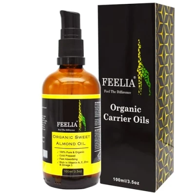 Image of Feelia Organic Sweet Almond Oil Cold Pressed, Rich in Vitamins A, E, Zinc &amp; Omega 3, Fast Absorbing, 100% Pure (100ml)