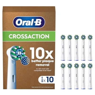Image of Oral B Pro Cross Action Electric Toothbrush Head, X Shape and Angled Bristles for Deeper Plaque Removal, Pack of 10 Heads, Suitable Mailbox, White