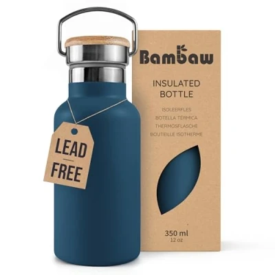 Image of Bambaw Small Insulated Water Bottle 350ml, Blue Bottle, Stainless Steel Leakproof Thermal Metal, Camping Aegean