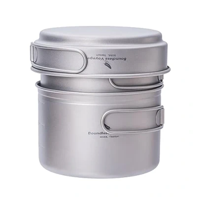 Image of iBasingo 500ml &amp; 900ml 1080ml Titanium Pot Pan Set Ultralight Camping Cookware with Folding Handle Outdoor Cup Small Frying Portable Hiking Picnic Backpacking Kitchen Cooking Kit Ti2036C