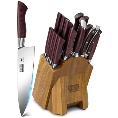 Image of HOSHANHO Kitchen Knife Set with Block 18 Piece, Super Sharp German High Carbon Stainless Steel Chef Set, Professional Cutlery Sharpener