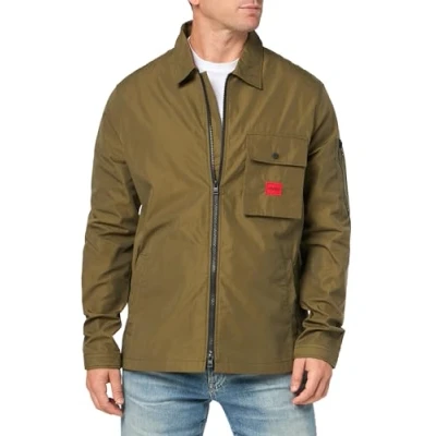 Image of HUGO Men&#039;s Cotton Mix Canvas Zip Up Overshirt Button Down Shirt, Military Green, XXL