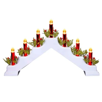 Image of SHATCHI Latest Wooden Pre Lit White Candle Bridge Light 7 LEDs Bulbs Metallic Red Candles Battery or USB Powered Window Christmas Tree Home Holiday Xmas Decoration