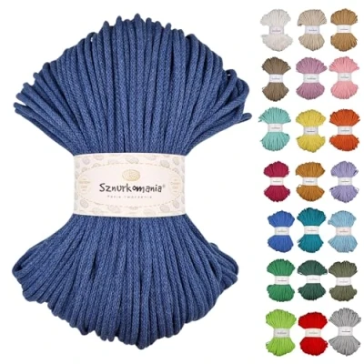 Image of Sznurkomania 5 mm Braided Cotton Cord, 100 m, Jeans Color, Oeko Tex Certified, Thread Premium Yarn for Macrame, Crochet, Knitting