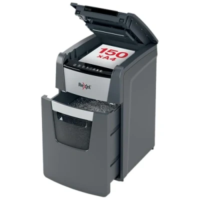 Image of Rexel 202015M Optimum AutoFeed+ 150M Automatic Shredder, 150 Sheets, Safety Level P5, Micro Cut, for Smaller Offices, 44 Litre Waste Bin, 2020150MEU