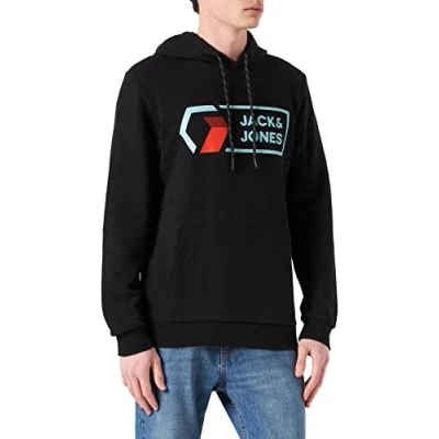 Image of JACK &amp; JONES Men&#039;s Hoodie Pullover Sweat Long Sleeve Sweatshirt, Black, S