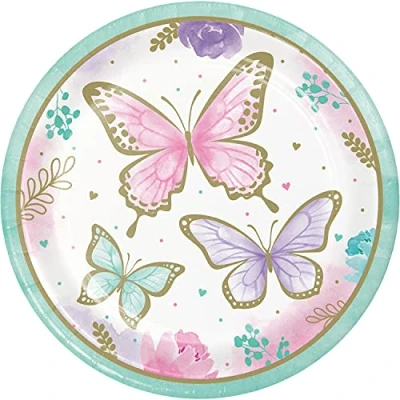 Image of Creative Party Butterfly Shimmer Plates, 23cm (9 inch), Pack of 8 Disposable Decorations, PC354579, Multi Colour, Purple, Pink, and Blue, (9&quot;)