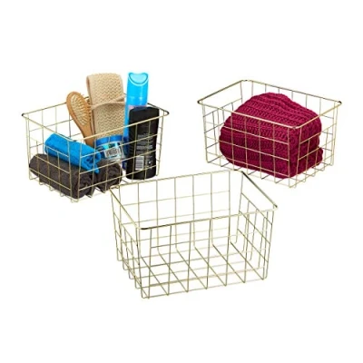 Image of Relaxdays Wire Set of 3, Rectangular, Mesh Storage, H x D: 15.5 28 20 cm, Decorative Metal Basket, Gold, 3 Items