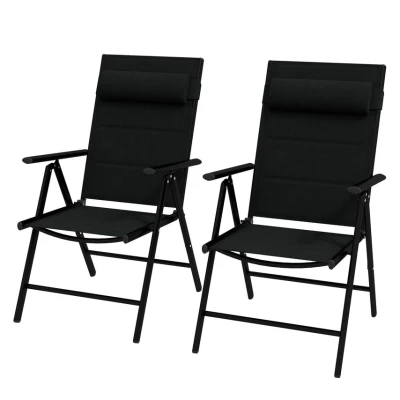 Image of Outsunny Set of 2 Patio Folding Chairs with Adjustable Back, Aluminium Dining Breathable Mesh Fabric Padded Seat and Backrest, Headrest for Outdoor Garden Lawn, Black