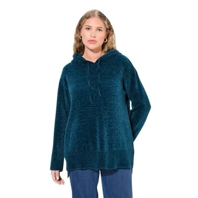 Image of Ulla Popken Womenswear Plus Size Curvy Chenille Knit Hoodie Teal 50+ 833068751