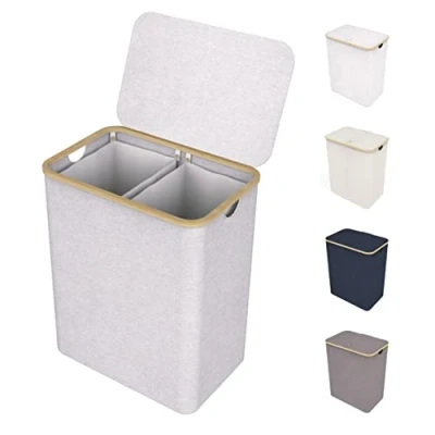Image of Lonbet Light Grey Double Laundry Basket With Lid and Removable Bags XXL 150 L Extra Large Hamper 2 section Sorter Compartment