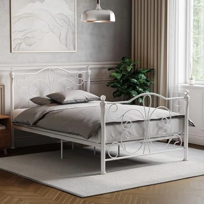 Image of Vida Designs Chicago Small Double Bed, 4ft Bed Frame Metal Headboard High Foot End Bedroom Furniture, White