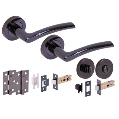 Image of HANDLEZONE® Nemo Door Handles on Rose Bathroom Deadbolt Pack with Ball Bearing Hinges Black Nickel