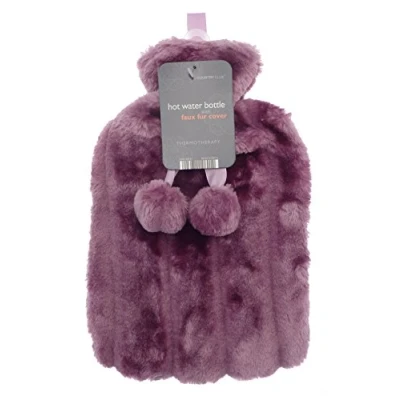 Image of Beamfeature Hot water bottle with faux fur cover and pom poms PURPLE/LILAC