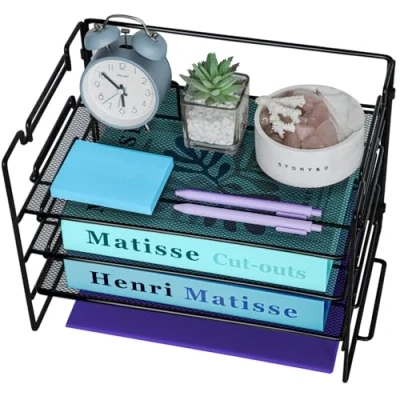 Image of 3 Tier Letter Tray Organiser for Desk Tidy, Metal Mesh Magazine File Organiser, Office Files Storage, Wire Paper School Home