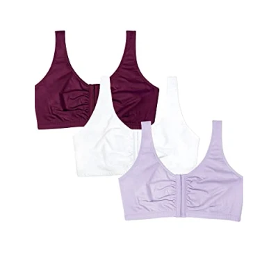 Image of Fruit of the Loom Women&#039;s Front Close Builtup Sports Bra, Opaque, Lilac Whisper/White/Purple Velvet, 36 (Pack 3)