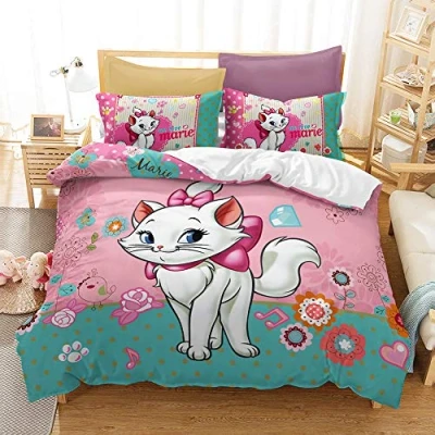 Image of Marie Cat Noble Bedding Set, 100% Cotton Duvet Cover Pillowcase, Soft and Comfortable, for Boys Girls (pink 07,Double(200x200cm))