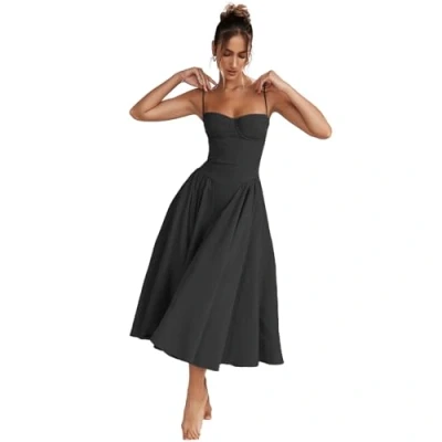 Image of CERAVI Sleeveless Corset Fit Midi Dress Spaghetti Strap Sundress Solid Color Print Bustier High Waist A Line with Pockets (Black,XL)