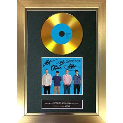 Image of #193 Weezer blue GOLD Cd Signed Autograph Mounted Cover Record Reproduction PRINT A4 Rare Perfect Birthday (297 x 210mm) (Gold Frame)