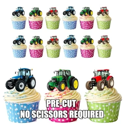 Image of AK Giftshop Tractor Cake Decorations Edible Stand up Cup Toppers (Pack of 12)