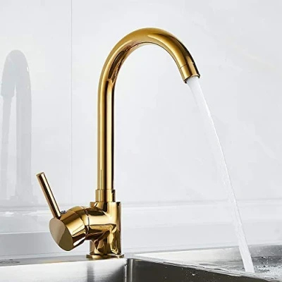 Image of Kitchen Sink Tap Luxury Gold Basin Mixer Single Lever Monobloc Swivel Spout Cold and Hot Faucet with UK Standard Fittings