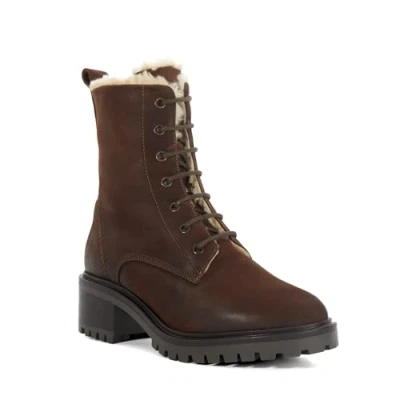 Image of Dune Ladies PANIZ Chunky Faux Fur Lined Boots Size UK 3 Block Heel Lace Up Brown
