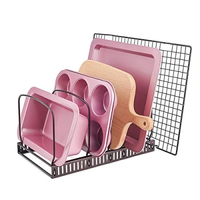 Image of Toplife Bakeware Organiser Rack for Kitchen Cupboard or Pantry, with 10 Adjustable Compartments, Brown