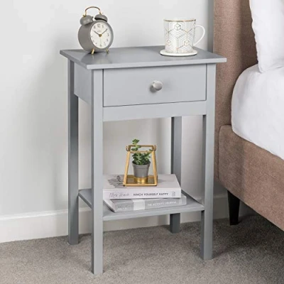 Image of CHRISTOW Grey Bedside Table With Shelf &amp; Drawer Bedroom Nightstand 60cm x 40cm 30cm