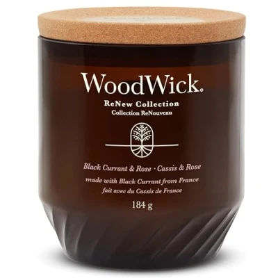 Image of WoodWick Renew Scented Candle with Crackling Wick Black Currant &amp; Rose Medium Plant Based Soy Coconut Wax Blend Made Recycled Materials Perfect Gifts for Women