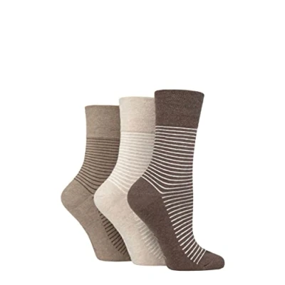 Image of Women&#039;s 3 Pair Gentle Grip Cotton Patterned and Striped Socks Fine Stripe Brown / Neutral 4 8 Ladies