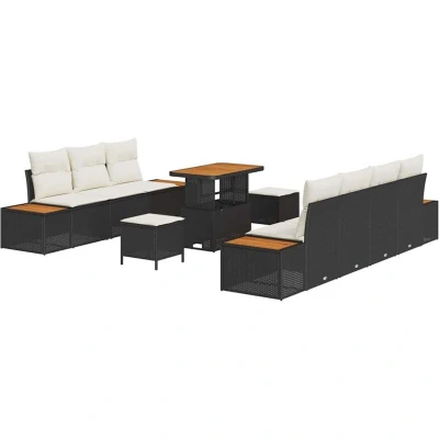 Image of vidaXL 10 Piece Garden Sofa Set with Cushions Black Poly Rattan Acacia